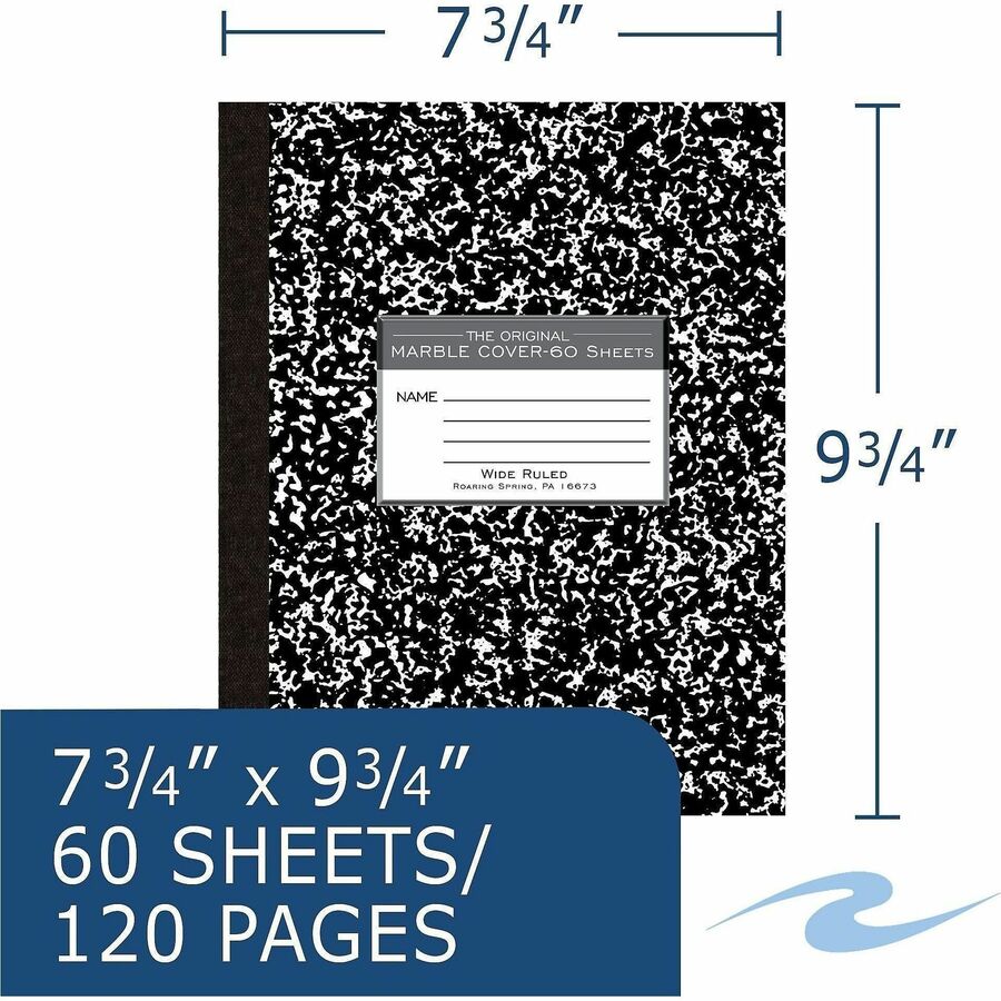 Roaring Spring Black Cover Flexcomp 10"x8" WM - 60 Sheets - 120 Pages - Printed - Sewn/Tapebound - Both Side Ruling Surf