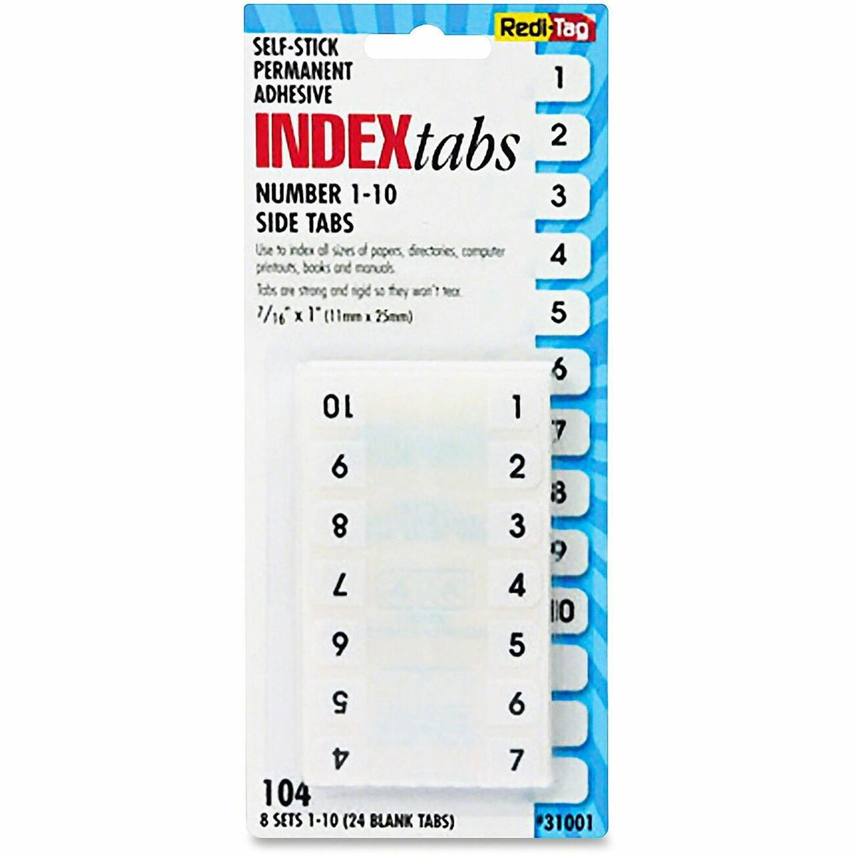 Redi-Tag Permanent Numbered Tab Indexes - 104 Printed Tab(s) - Digit - 1-10 - 1" Tab Height x 0.43" Tab Width - Self-adh