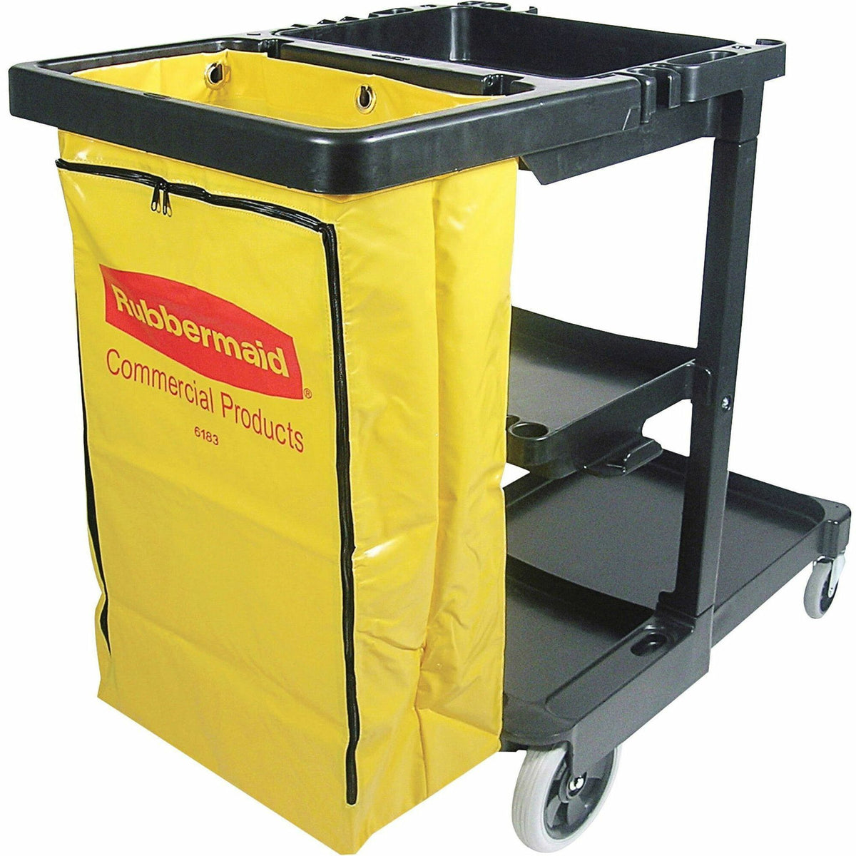 Rubbermaid Commercial Janitor Cart With Zipper Yellow Vinyl Bag - 3 Shelf - 4" , 8" Caster Size - 21.75" Width x 46" Dep