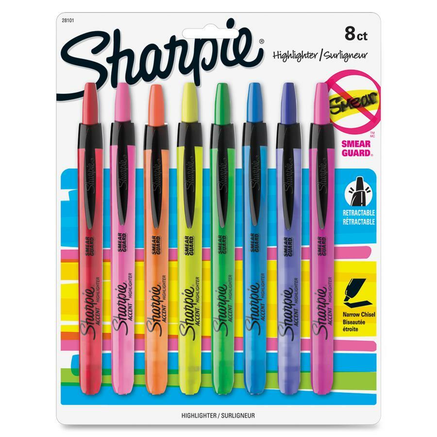 Sharpie Smear Guard Retractable Highlighters - Retractable - Assorted Ink - Assorted Barrel - 8 / Set