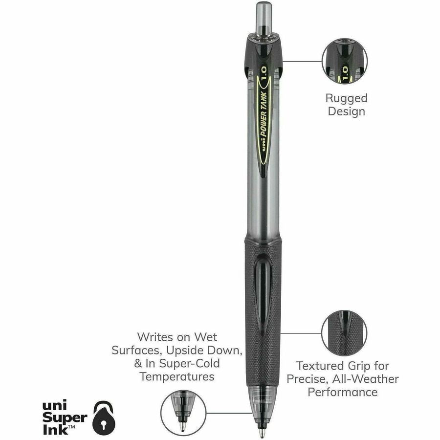 uniball™ Power Tank Retractable Ballpoint Pens - 1.0 mm Pen Point - Refillable - Retractable - Black Ink - Black Barrel 