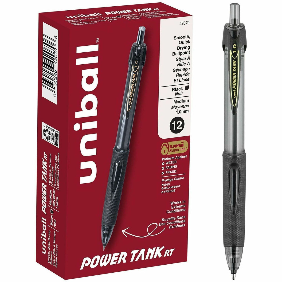 uniball™ Power Tank Retractable Ballpoint Pens - 1.0 mm Pen Point - Refillable - Retractable - Black Ink - Black Barrel 