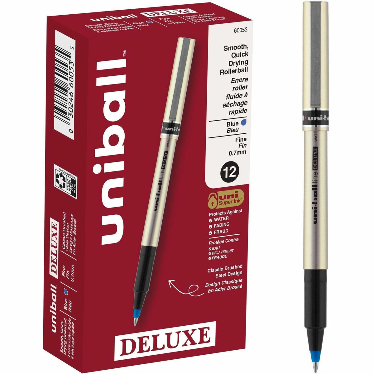 uniball™ Deluxe Rollerball Pens - 0.7 mm, Fine Pen Point - Blue Ink - Liquid - Champagne Barrel - Stainless Steel Tip - 