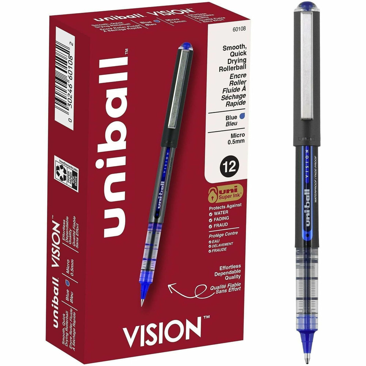 uniball™ Vision Rollerball Pens - 0.5 mm Pen Point - Blue Ink - 12 / Dozen