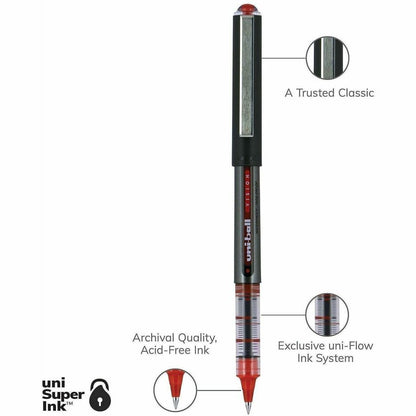 uniball™ Vision Rollerball Pens - 0.5 mm Pen Point - Red Ink - 12 / Dozen