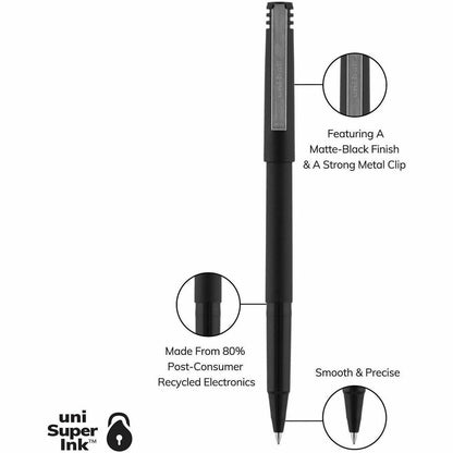 uniball™ Roller Rollerball Pen - 0.5 mm Pen Point - Black Ink - Water Based - Black Stainless Steel Barrel - 12 / Dozen