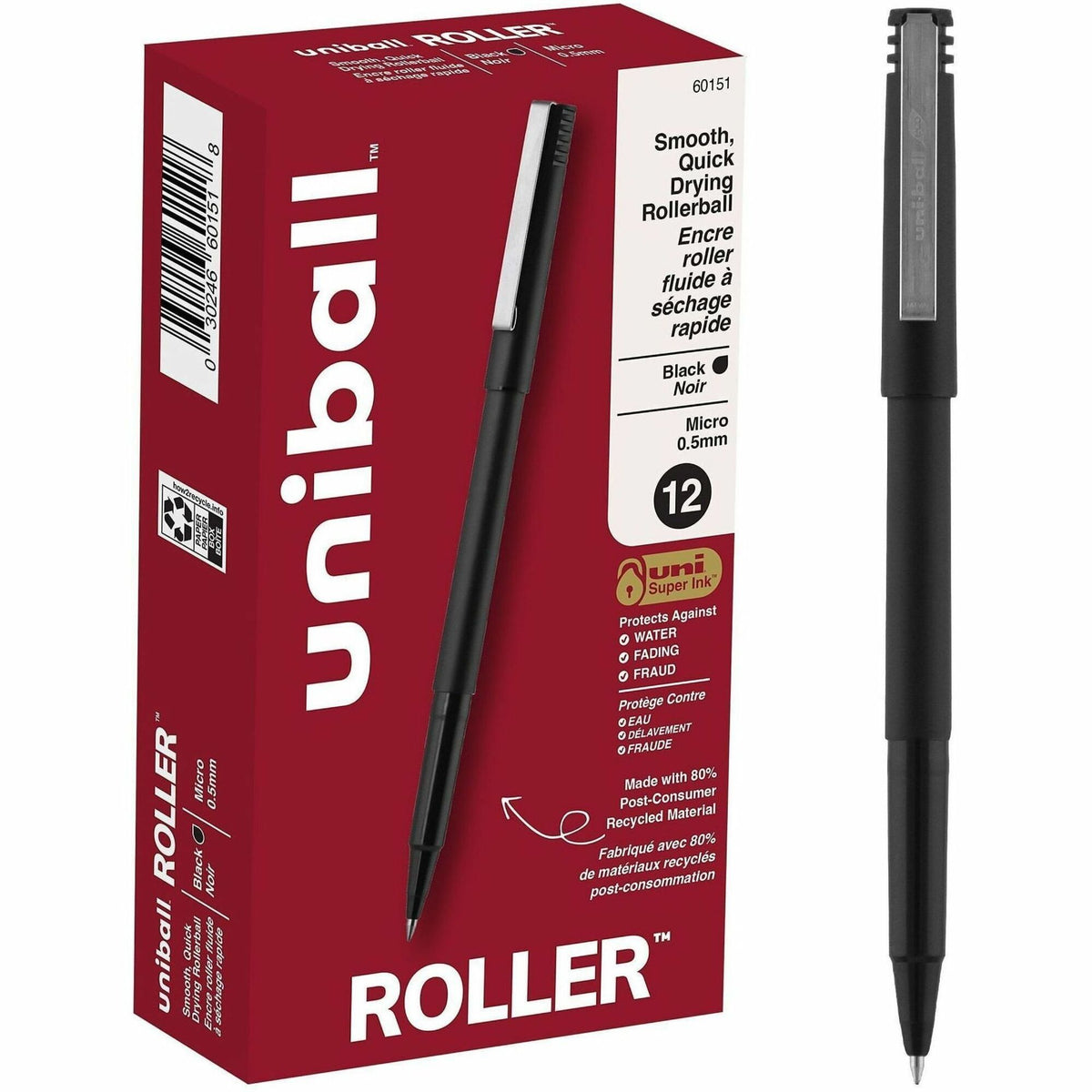 uniball™ Roller Rollerball Pen - 0.5 mm Pen Point - Black Ink - Water Based - Black Stainless Steel Barrel - 12 / Dozen