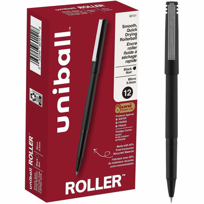 uniball™ Roller Rollerball Pen - 0.5 mm Pen Point - Black Ink - Water Based - Black Stainless Steel Barrel - 12 / Dozen