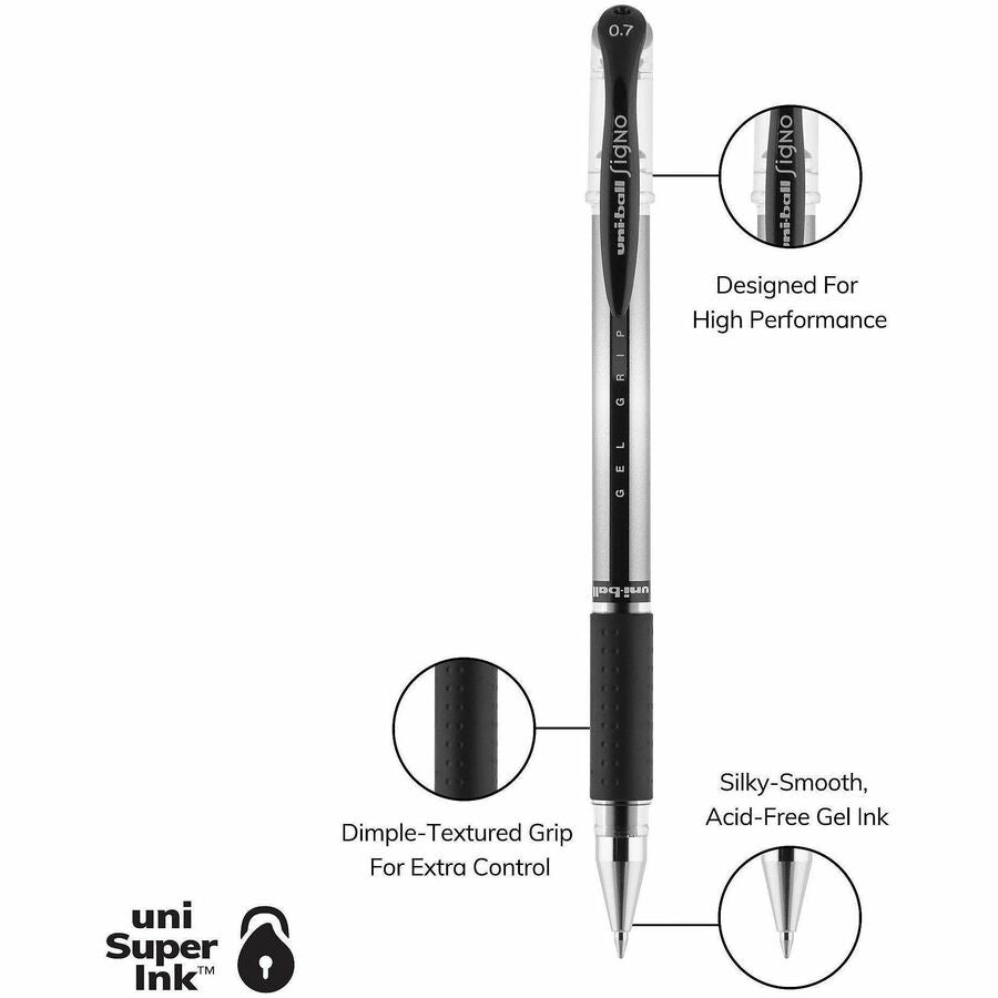 uniball™ Signo Gel Pen - 0.7 mm Pen Point - Black Ink - Gel-based, Pigment-based - Stainless Steel Tip - 12 / Dozen