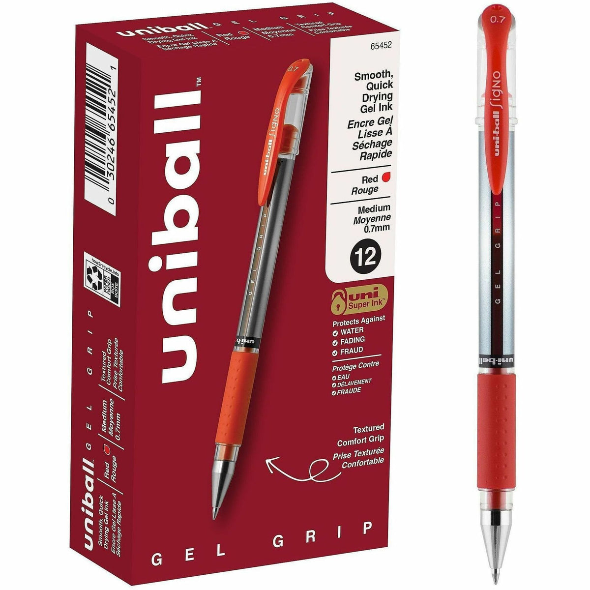 uniball™ GEL GRIP Gel Pens - 0.7 mm Pen Point - Red Ink - Gel-based, Pigment-based - Stainless Steel Tip - 12 / Dozen