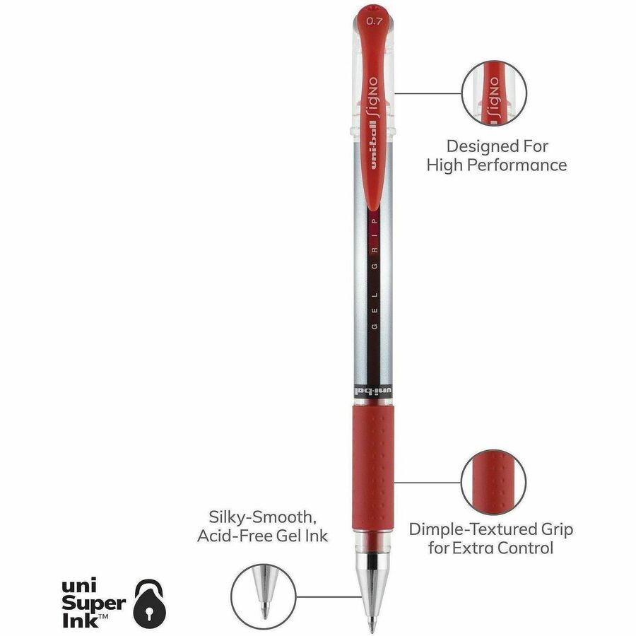 uniball™ GEL GRIP Gel Pens - 0.7 mm Pen Point - Red Ink - Gel-based, Pigment-based - Stainless Steel Tip - 12 / Dozen