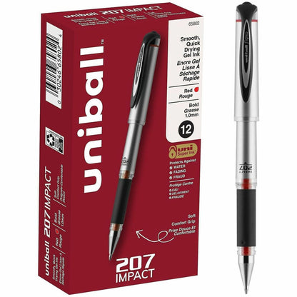 uniball™ 207 Impact Gel Pen - 1 mm Bold Pen Point - Refillable - Red Ink - Gel-based - Silver Barrel - 12 / Dozen