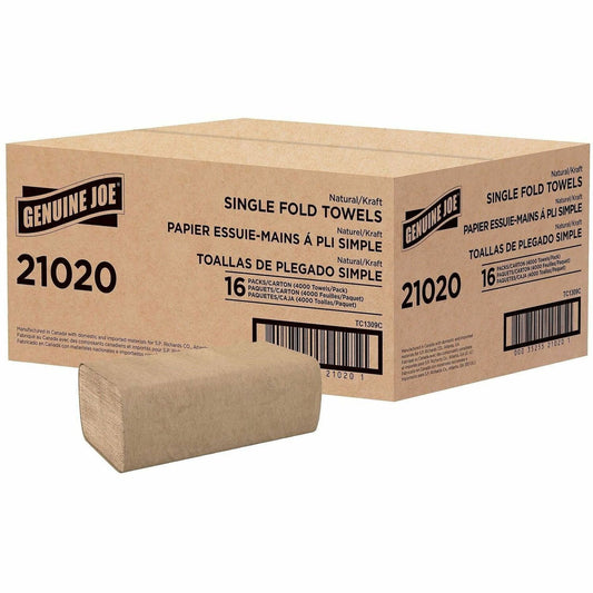 Genuine Joe Paper Towel Single fold 250 sheets Natural - 1 Ply - Singlefold - 10.25" Width x 9.10" Length - embossed des