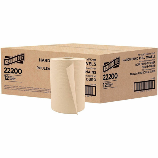 Genuine Joe Embossed Hardwound Roll Towels - 7.87" Width x 350 ft Length - 2" Core - Natural - 12 / Carton