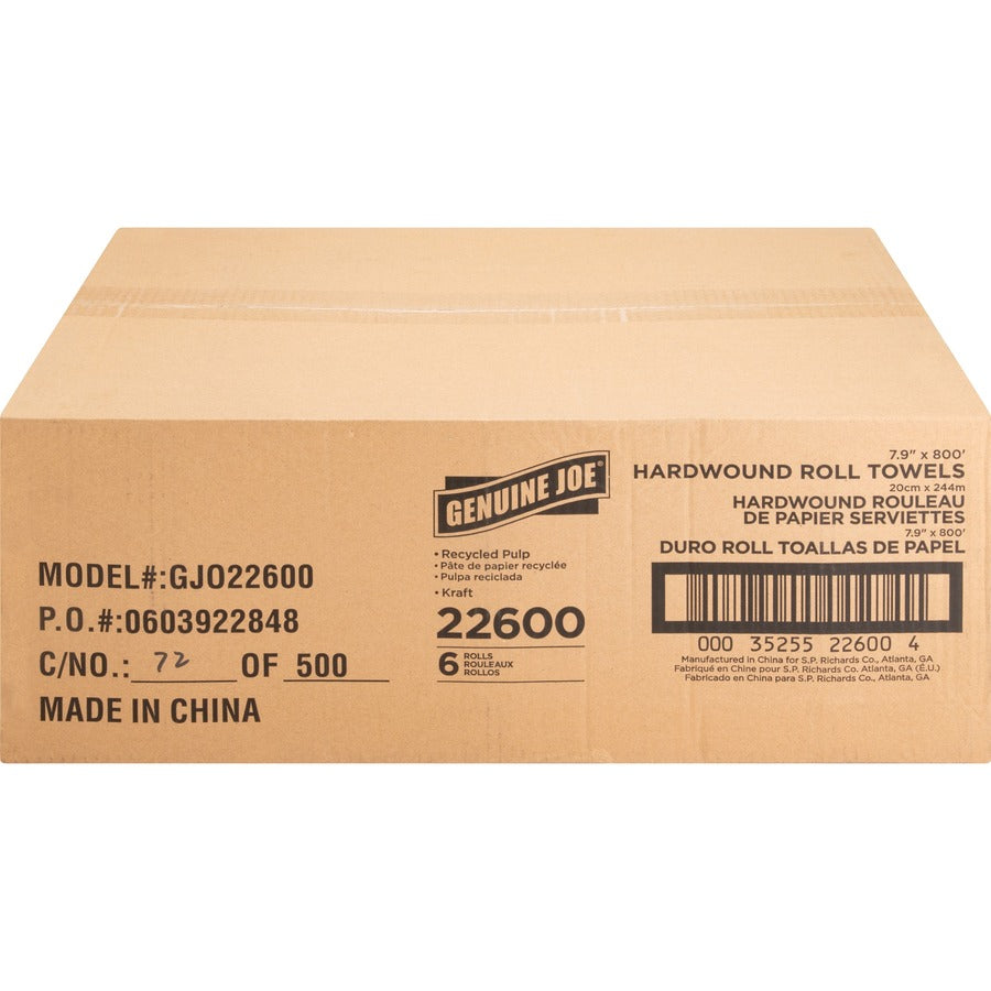 Genuine Joe Embossed Hardwound Roll Towels - 7.90" Width x 800 ft Length - 2" Core - Natural - 6 / Carton