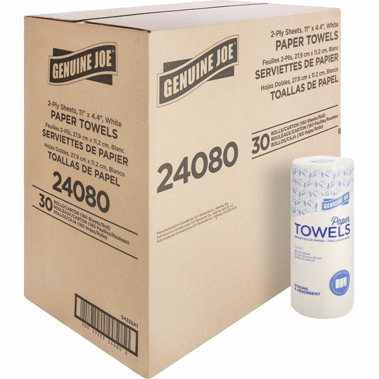 Genuine Joe Kitchen Roll Flexible Size Towels - 2 Ply - 1 5/8" Core - White - 30 / Carton