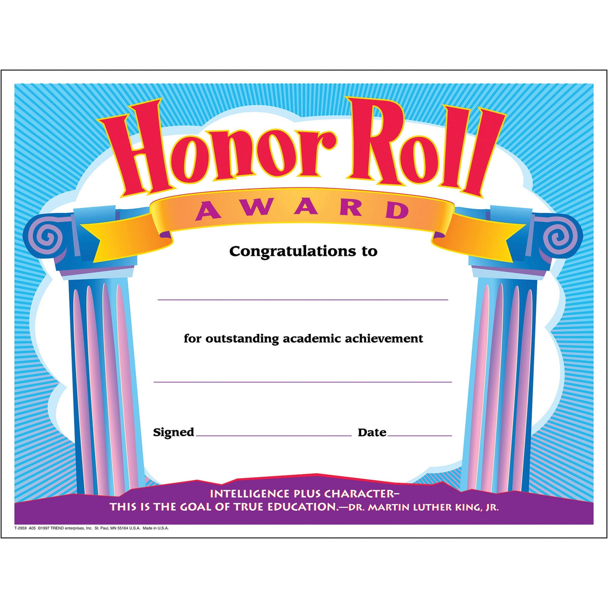 Trend Colourful Classics Honor Roll Award Certificates - "Honor Roll Award" - 8.5" Width x 11" Length - Assorted - 30 / 