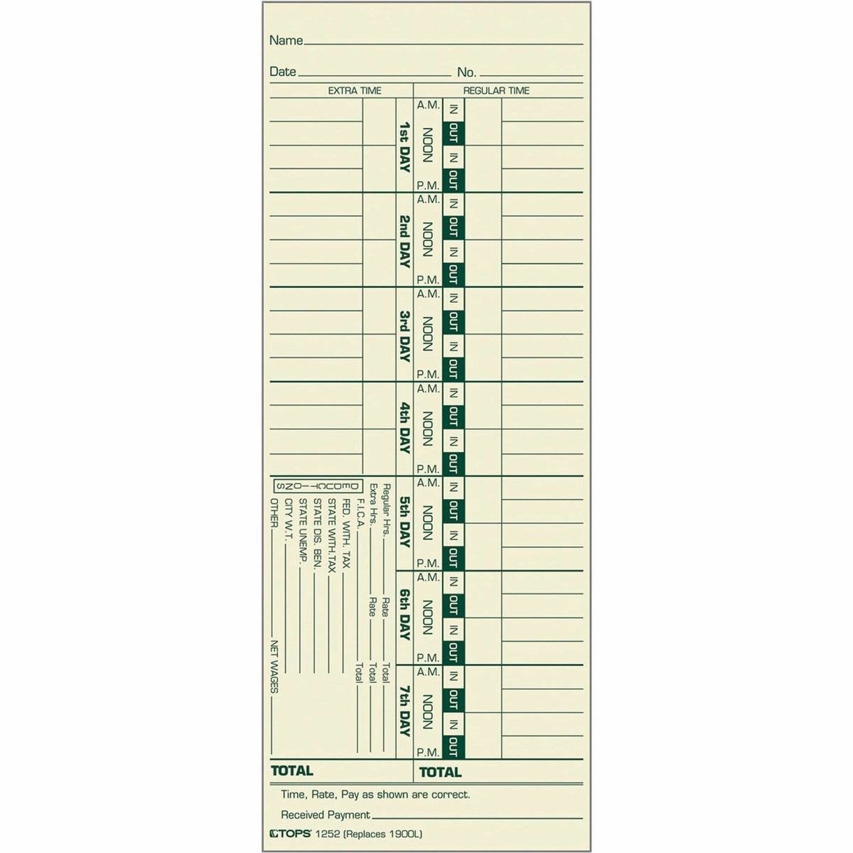 TOPS Manila Stock Weekly Time Cards - 3.50" x 9" Sheet Size - Manila - Manila Sheet(s) - Green Print Color - 500 / Box