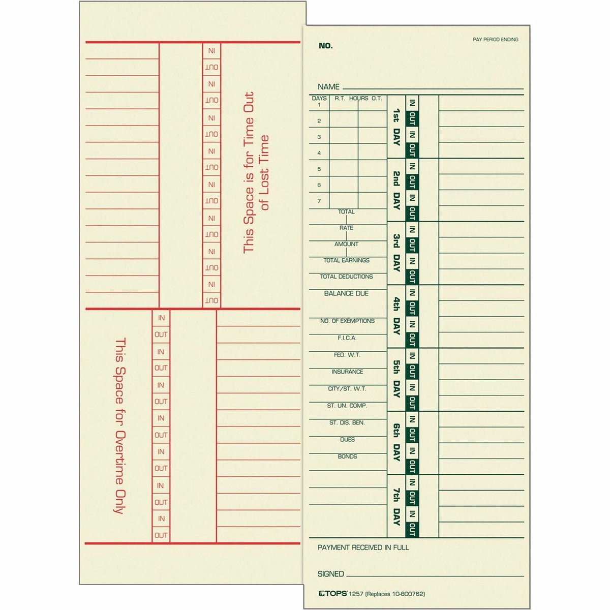 TOPS Numbered Days/Full Payroll Time Cards - Double Sided Sheet - 3.50" x 9" Sheet Size - Yellow - Manila Sheet(s) - 500