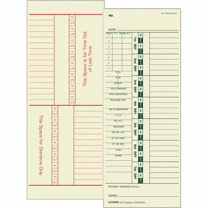 TOPS Numbered Days/Full Payroll Time Cards - Double Sided Sheet - 3.50" x 9" Sheet Size - Yellow - Manila Sheet(s) - 500