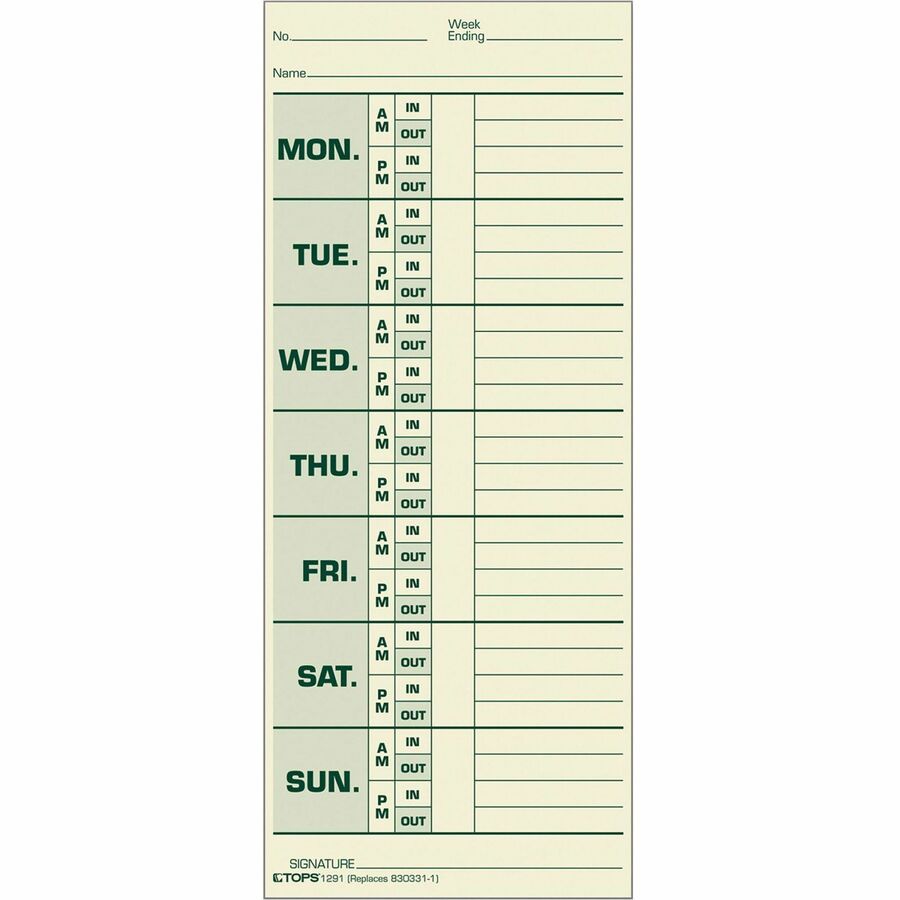 TOPS Monday-Sunday Time Cards - Double Sided Sheet - 3.50" x 8.50" Sheet Size - Yellow - Manila Sheet(s) - Green Print C