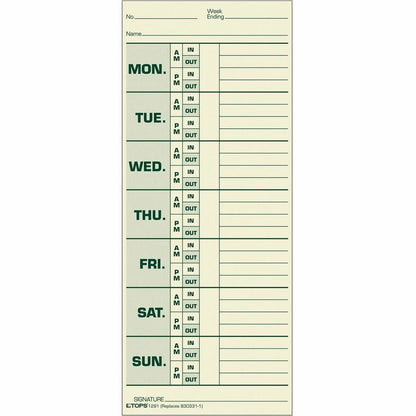 TOPS Monday-Sunday Time Cards - Double Sided Sheet - 3.50" x 8.50" Sheet Size - Yellow - Manila Sheet(s) - Green Print C