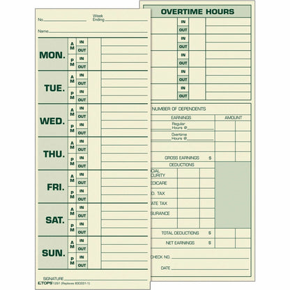 TOPS Monday-Sunday Time Cards - Double Sided Sheet - 3.50" x 8.50" Sheet Size - Yellow - Manila Sheet(s) - Green Print C
