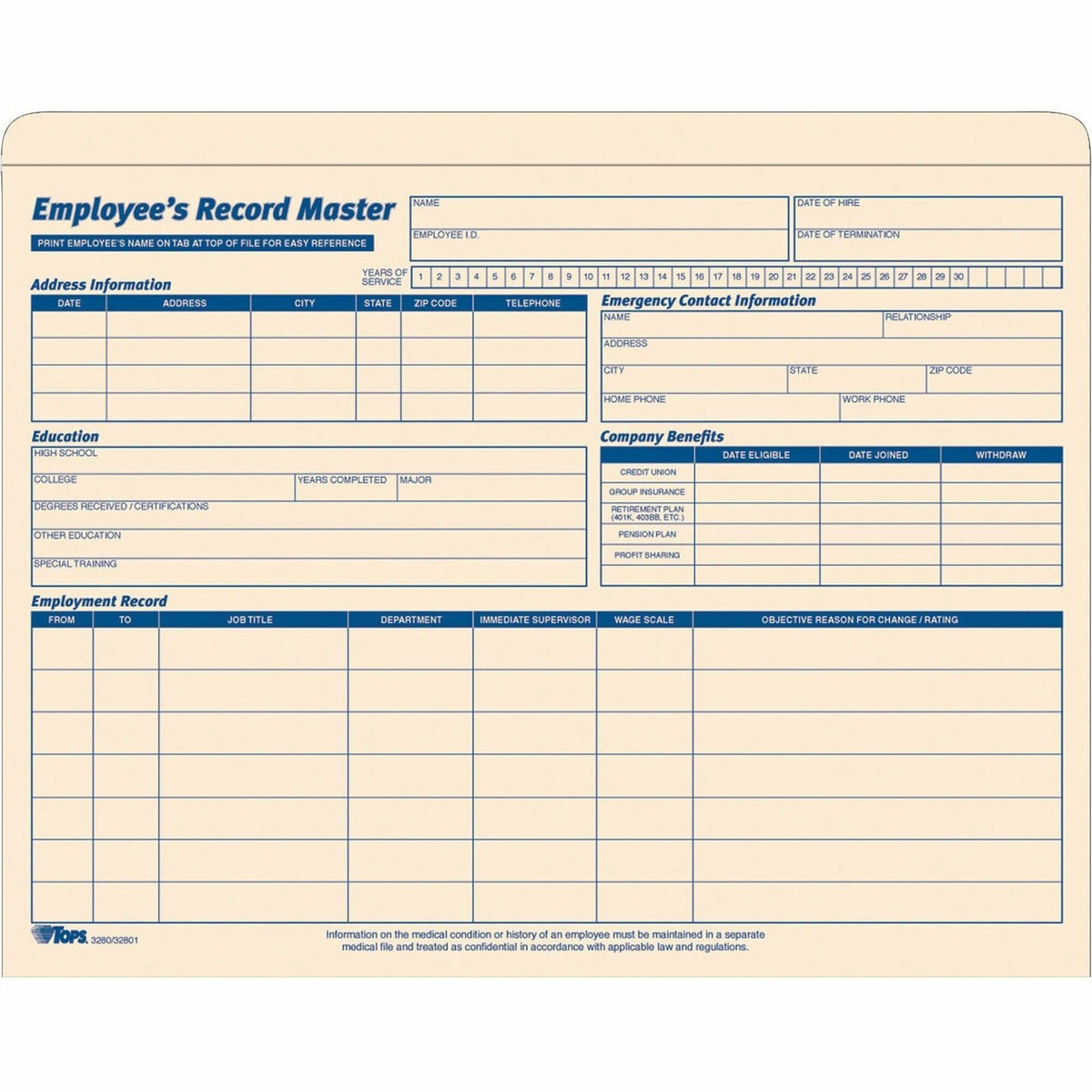 TOPS Letter Record Jacket - 8 1/2" x 11" - 1" Expansion - 10 pt. - Manila Paper - Manila - Preprinted - 15 / Pack