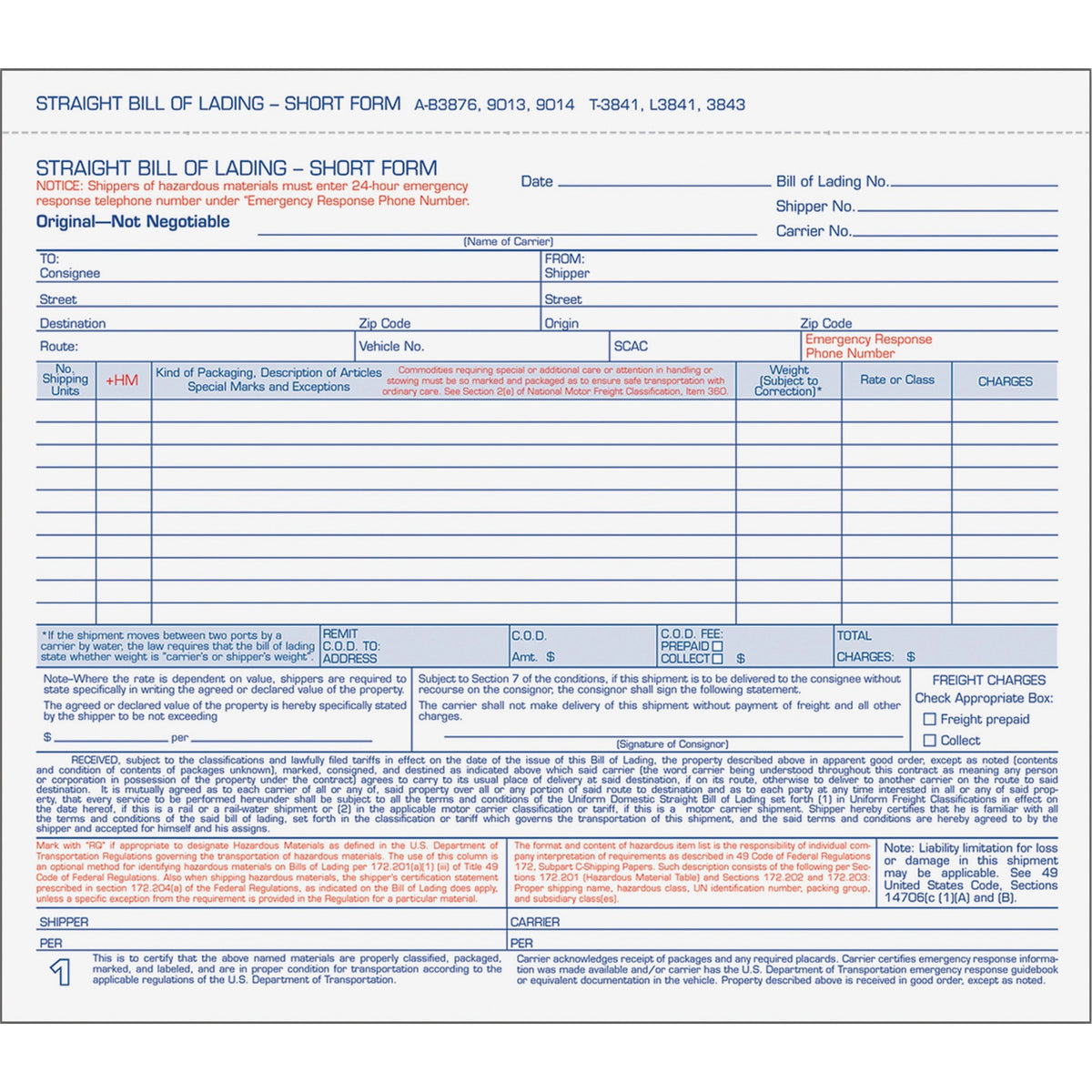 TOPS Bills of Lading Snap-Off Sets - 3 Part - Carbonless Copy - 8.50" x 7.44" Sheet Size - White Sheet(s) - Blue, Red Pr