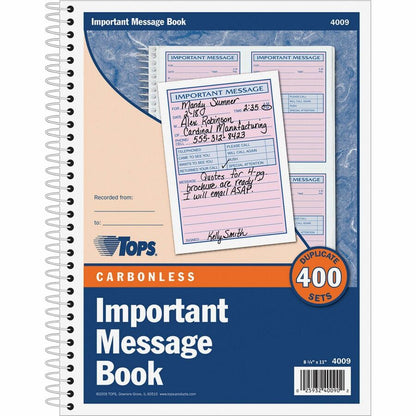 TOPS 4CPP Important Phone Message Book - 400 Sheet(s) - Spiral Bound - 2 Part - Carbonless Copy - 8.25" x 11" Sheet Size