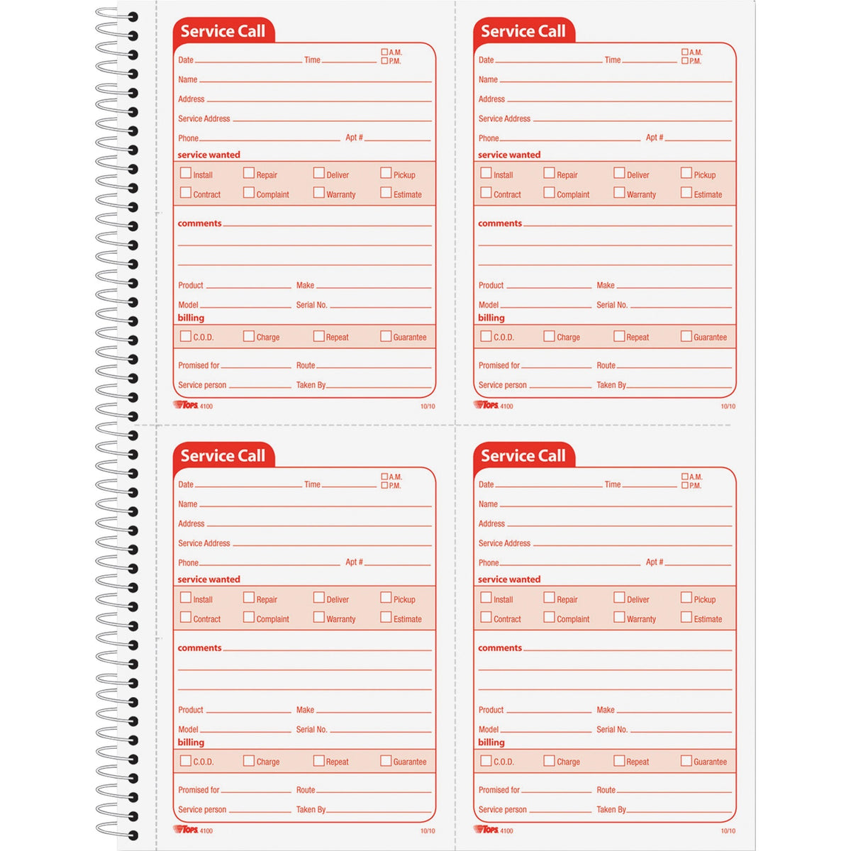 TOPS Service Call 2-part Spiral Message Slip Book - 200 Sheet(s) - Spiral Bound - 2 Part - Carbonless Copy - 5.50" x 4" 