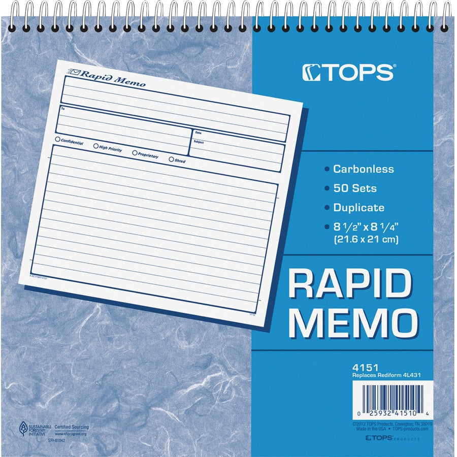 TOPS Rapid Memo Book - Spiral Bound - 2 Part - Carbonless Copy - 8.50" x 7.75" Sheet Size - Assorted Sheet(s) - 1 Each