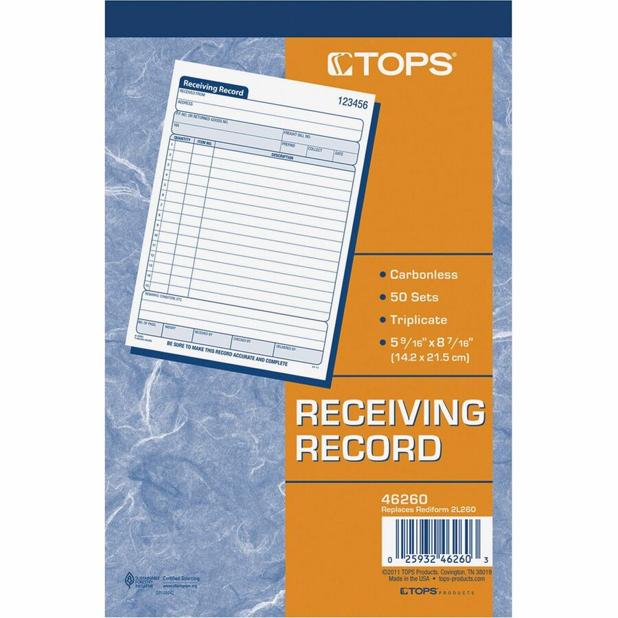 TOPS Carbonless Receiving Record Forms - 3 Part - Carbonless Copy - 5.56" x 8.44" Sheet Size - 2 x Holes - Assorted Shee
