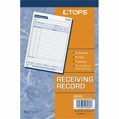 TOPS Carbonless Receiving Record Forms - 3 Part - Carbonless Copy - 5.56" x 8.44" Sheet Size - 2 x Holes - Assorted Shee