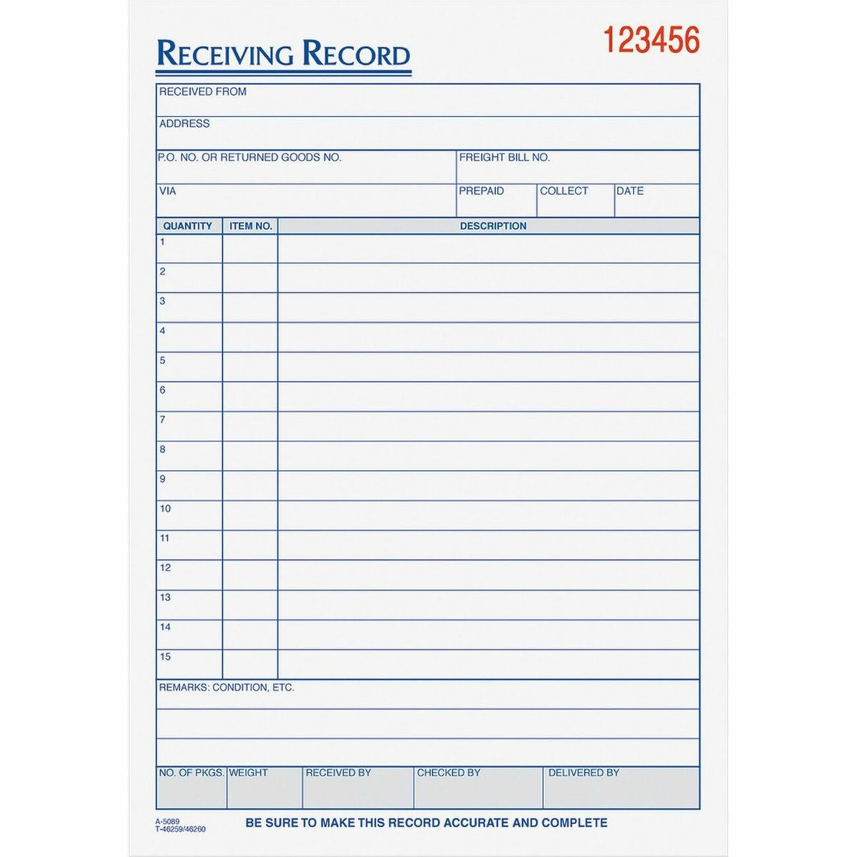 TOPS Carbonless Receiving Record Forms - 3 Part - Carbonless Copy - 5.56" x 8.44" Sheet Size - 2 x Holes - Assorted Shee