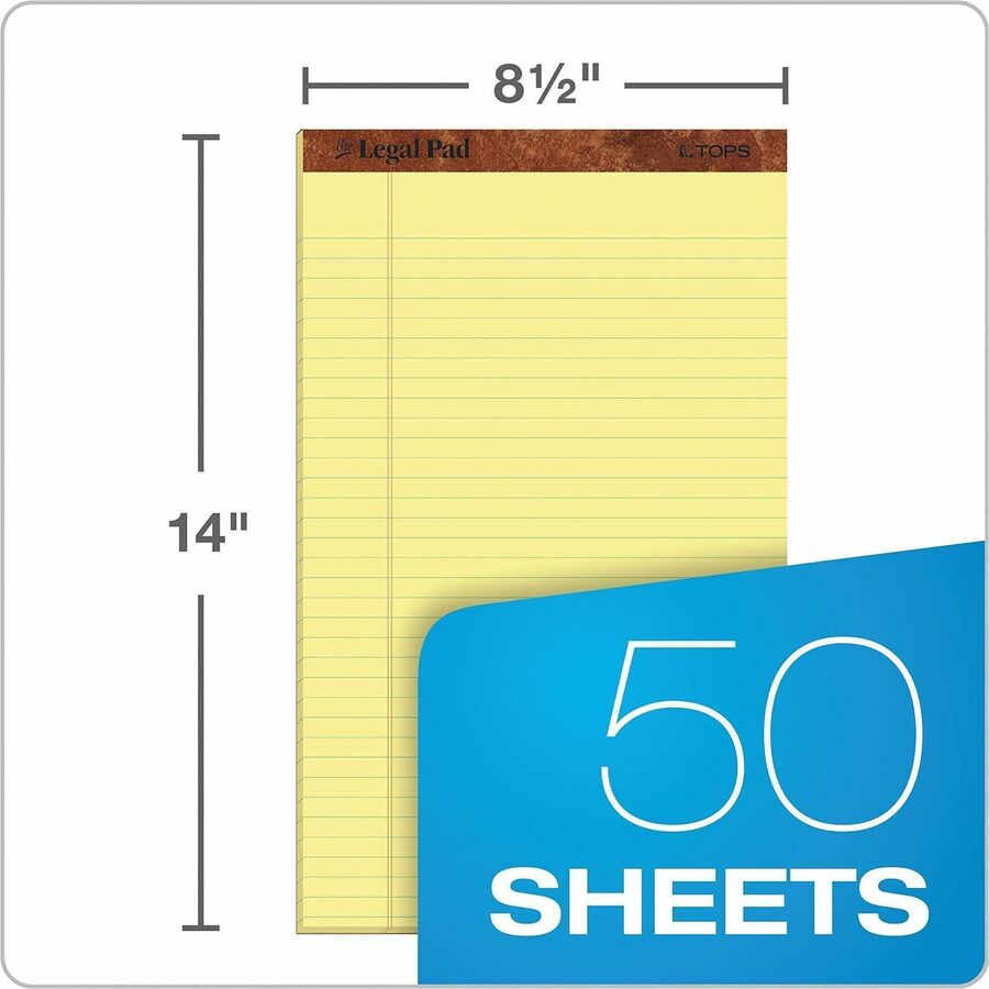 TOPS The Legal Rule Writing Pads - Legal - 50 Sheets - Double Stitched - 0.34" Ruled - 16 lb Basis Weight - Legal - 12 /