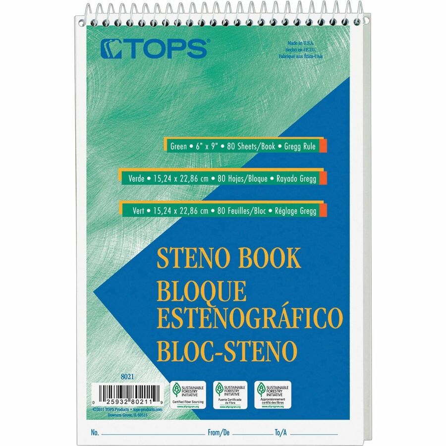 TOPS Steno Books - 80 Sheets - Wire Bound - Gregg Ruled Margin - 6" x 9" Sheet Size - White Paper - Hardboard Cover - Wi