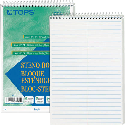 TOPS Steno Books - 80 Sheets - Wire Bound - Gregg Ruled Margin - 6" x 9" Sheet Size - White Paper - Hardboard Cover - Wi
