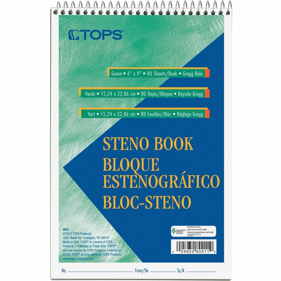 TOPS Steno Book - 80 Sheets - Wire Bound - Gregg Ruled Margin - 6" x 9" Sheet Size - Green Tint Paper - 1 Each