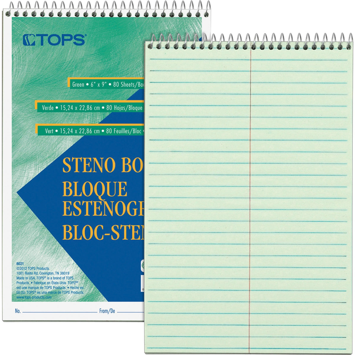 TOPS Steno Book - 80 Sheets - Wire Bound - Gregg Ruled Margin - 6" x 9" Sheet Size - Green Tint Paper - 1 Each
