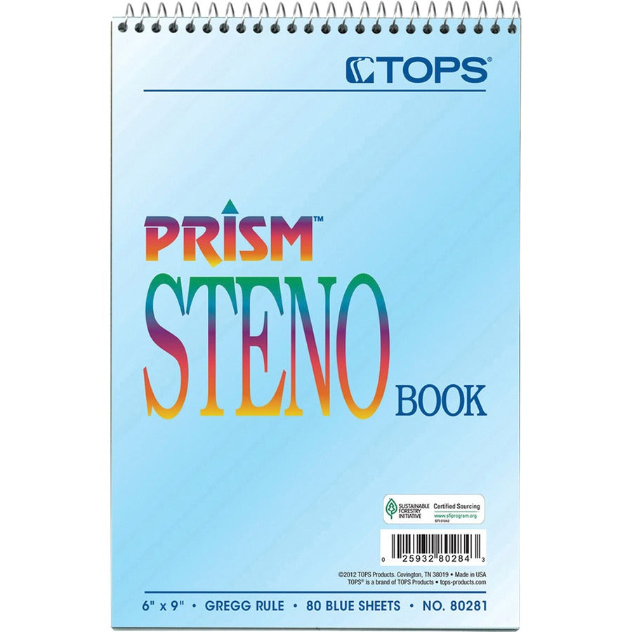 TOPS Prism Steno Books - 80 Sheets - Wire Bound - Gregg Ruled Margin - 6" x 9" Sheet Size - Blue Paper - Perforated, Sti