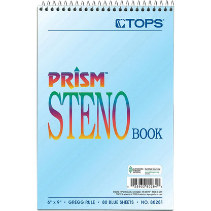 TOPS Prism Steno Books - 80 Sheets - Wire Bound - Gregg Ruled Margin - 6" x 9" Sheet Size - Blue Paper - Perforated, Sti