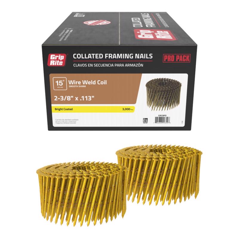 Grip-Rite 2-3/8 in. L Wire Coil Bright Framing Nails 15 deg 3000 pk