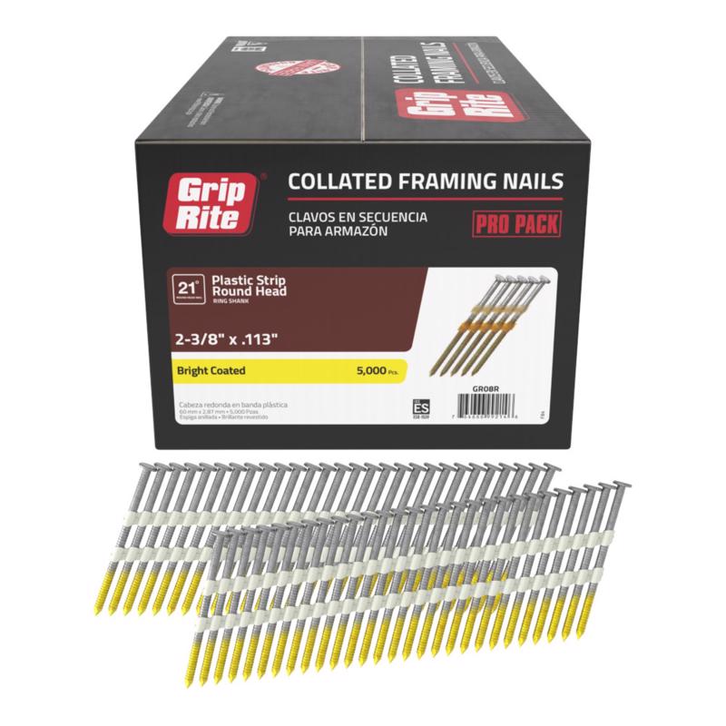 Grip-Rite 2-3/8 in. L X 12 Ga. Plastic Strip Brite Framing Nails 21 deg 5000 pk