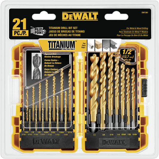 DeWalt Assorted Titanium Pilot Point Drill Bit Set Round Shank 21 pc