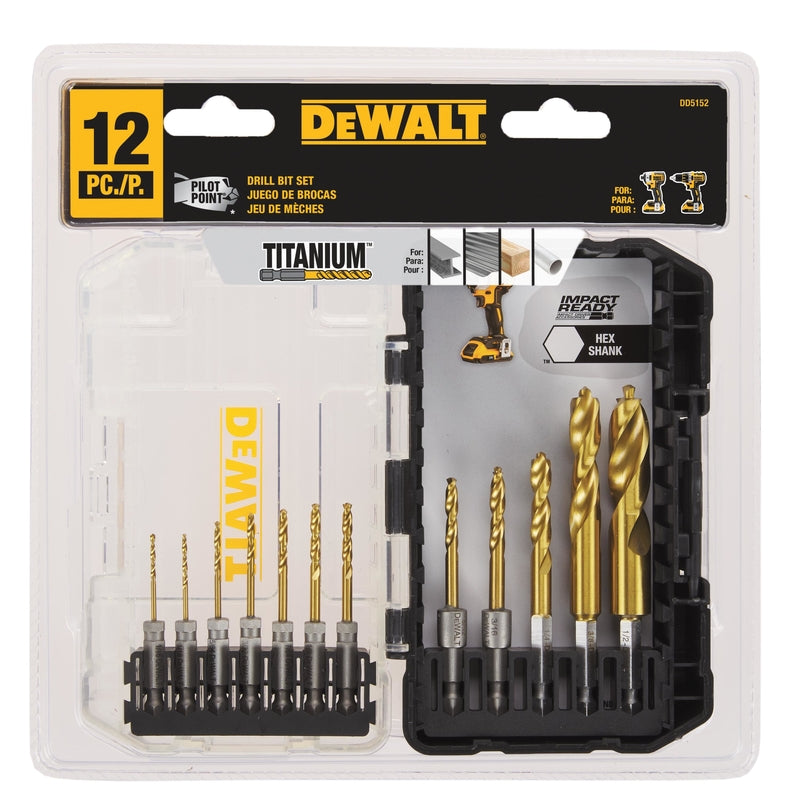 DeWalt Pilot Point Assorted Titanium Drill Bit Set Hex Shank 12 pc