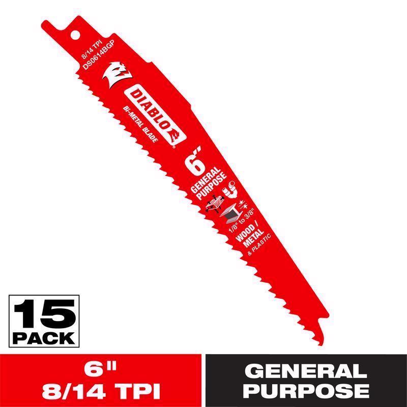 Diablo 6 in. Bi-Metal General Purpose Reciprocating Saw Blade 8/14 TPI 15 pk