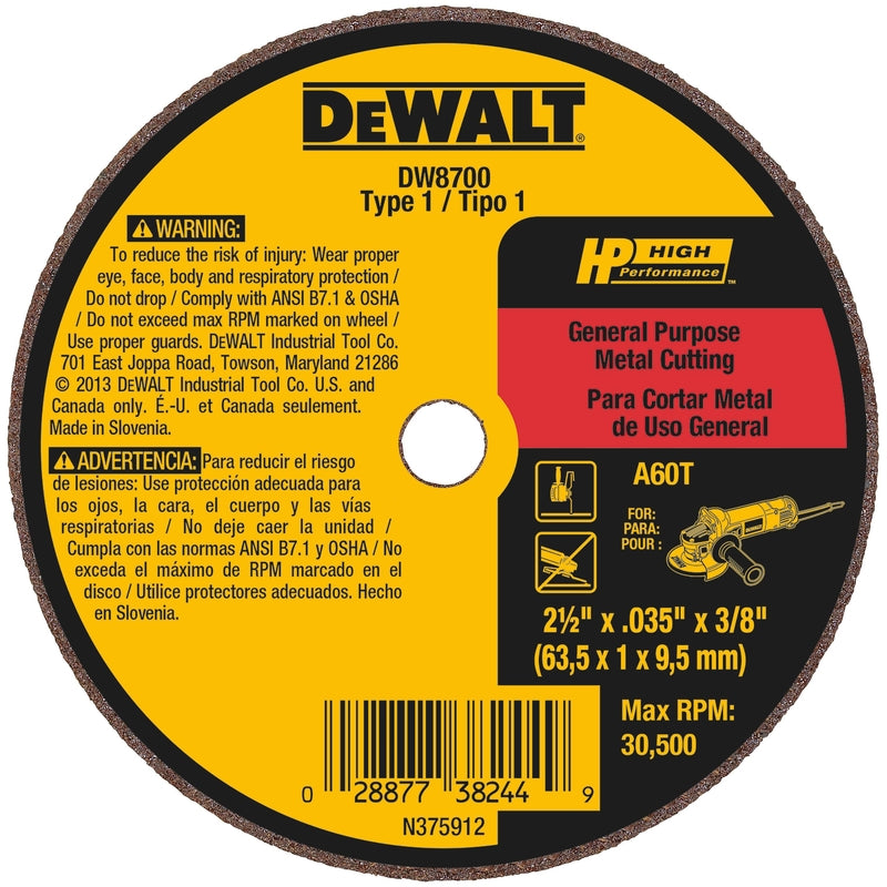 DeWalt 2-1/2 in. D X 3/8 in. X .035 in. thick Aluminum Oxide Cutting Wheel