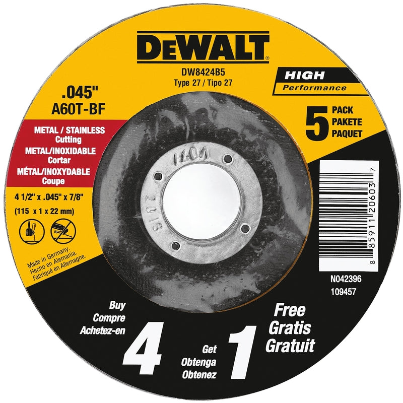 DeWalt 4-1/2 in. D X 7/8 in. X .045 in. thick Aluminum Oxide Cut-Off Wheel 5 pc