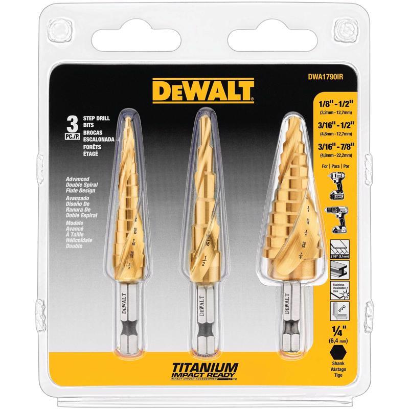 DeWalt Impact Ready Assorted Titanium Nitride Coated Step Drill Bit Set Hex Shank 3 pc